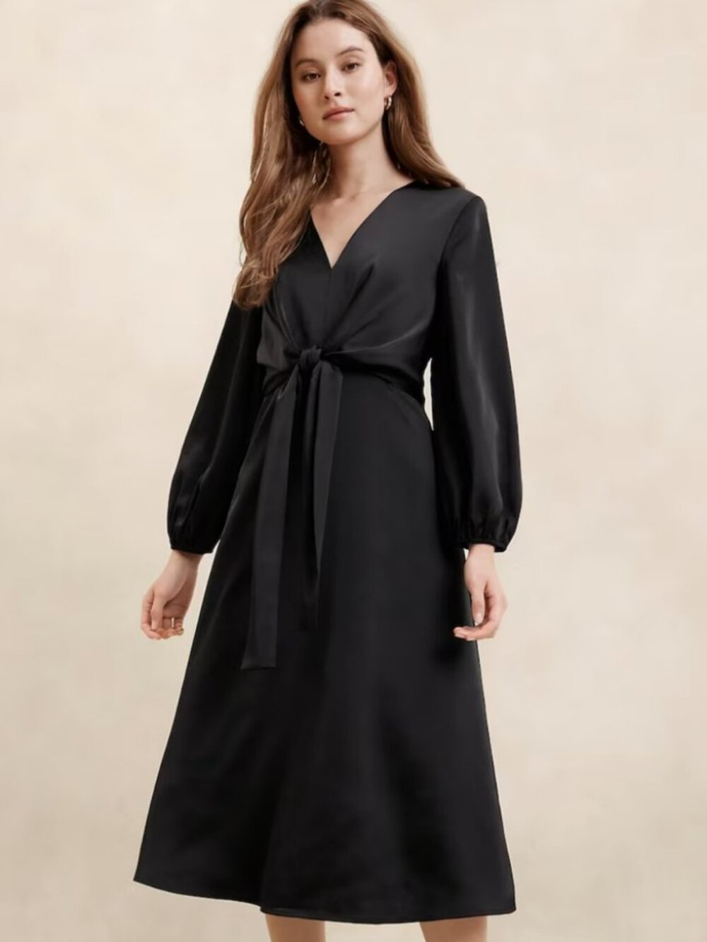 NWT size 10 BANANA REPUBLIC women's BLACK dress satin tie-front midi elegant NEW